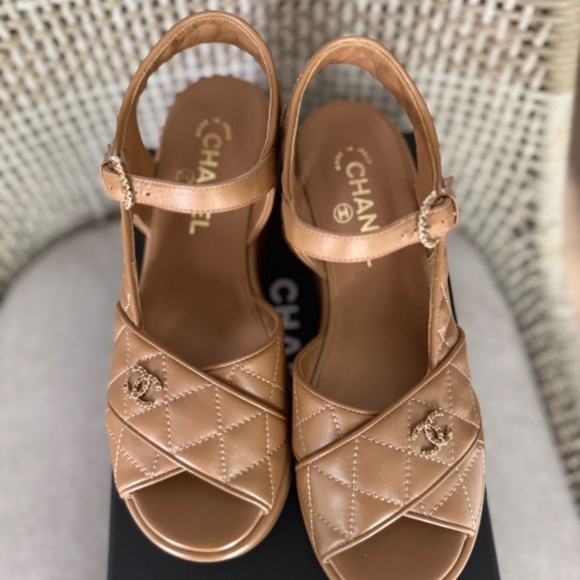 Authentic Chanel Gold Lambskin Platform Sandals - Picture 5 of 7